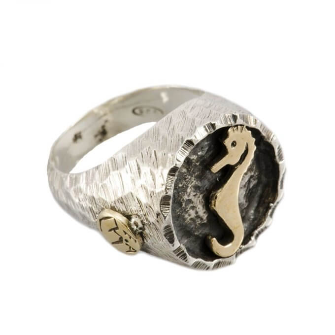 Anello in argento e bronzo tondo - Cavalluccio marino