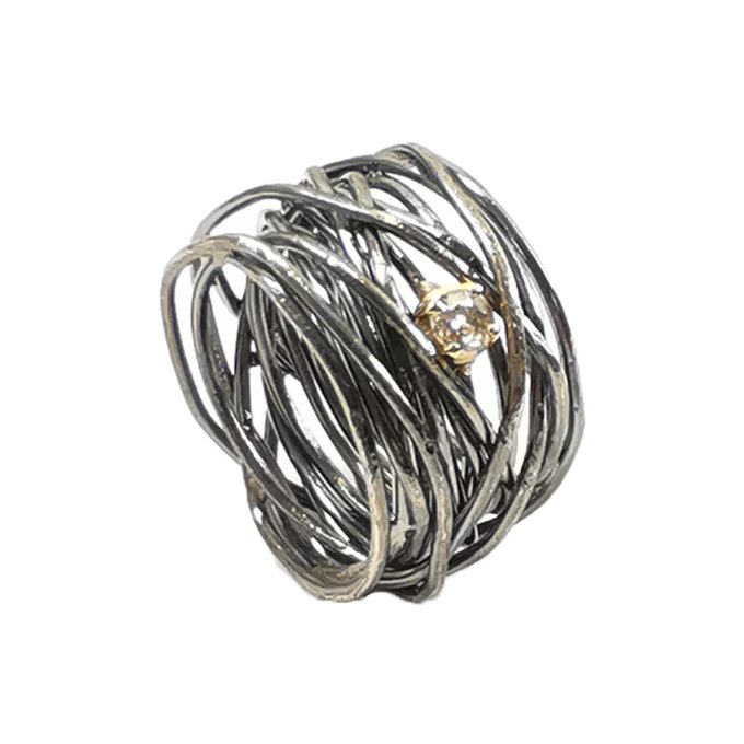 Anello filo di Arianna in argento e oro con 1 diamante