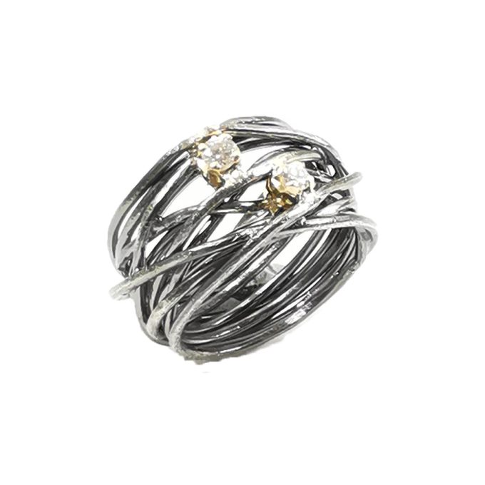 Anello filo di Arianna in argento e oro con 2 diamanti destro
