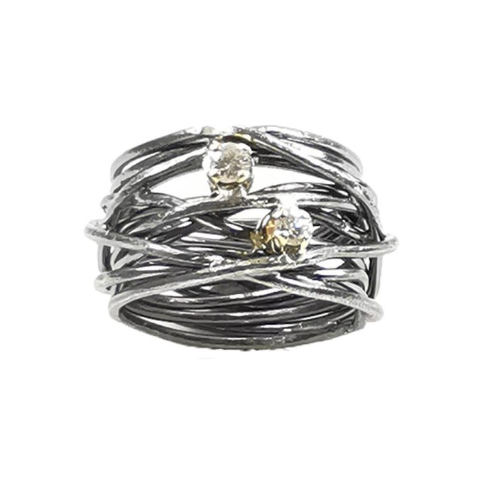 Anello filo di Arianna in argento e oro con 2 diamanti fronte
