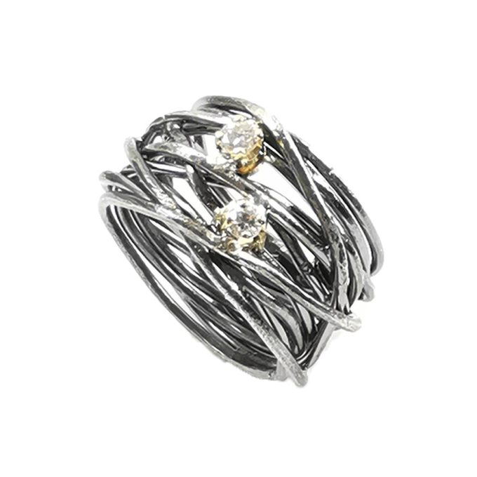 Anello filo di Arianna in argento e oro con 2 diamanti sx