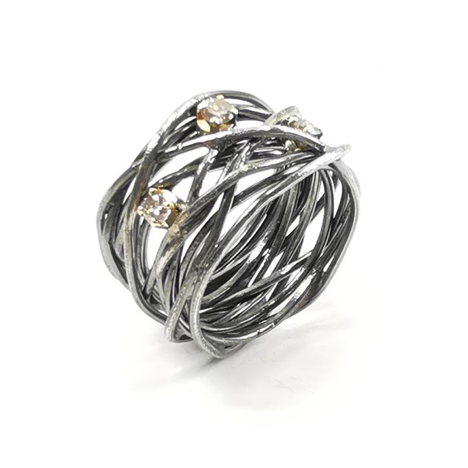Anello filo di Arianna in argento e oro con 3 diamanti sx